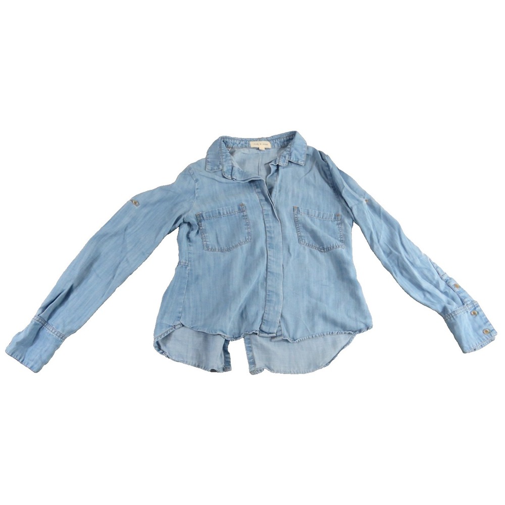 Cloth Stone Shirt Womens S Blue Tencel Denim Split Back Chambray Roll Sleeve Top